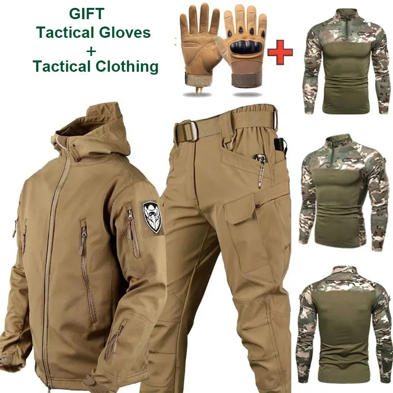 Oulylan 4PCS Tactical Suit Set Men Outdoor Waterproof Suit Multi-Pocket Soft Shell Hooded Jackets Sharkskin Work Pants