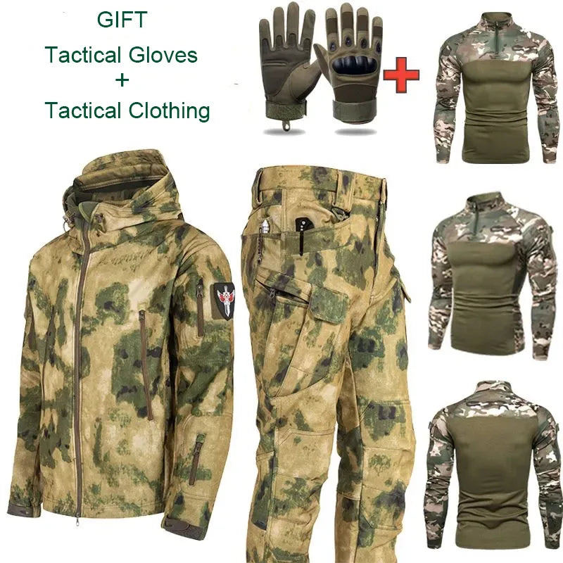 Oulylan 4PCS Tactical Suit Set Men Outdoor Waterproof Suit Multi-Pocket Soft Shell Hooded Jackets Sharkskin Work Pants