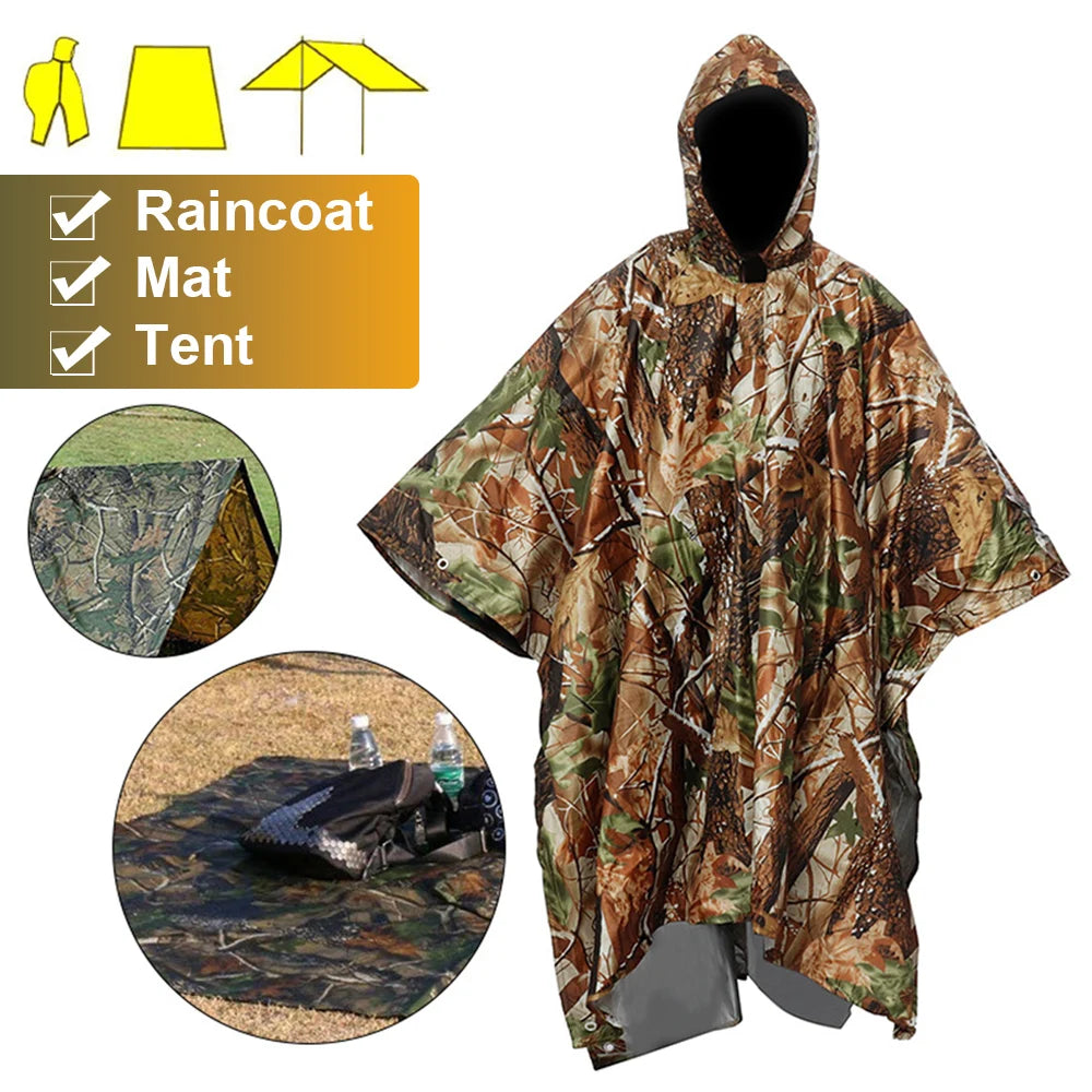 Raincoat 3 in 1 Multifunctional Waterproof Rain Poncho Jacket Hiking Rain Cover Outdoor Awning Tent Mat Camping Clothes Rainwear