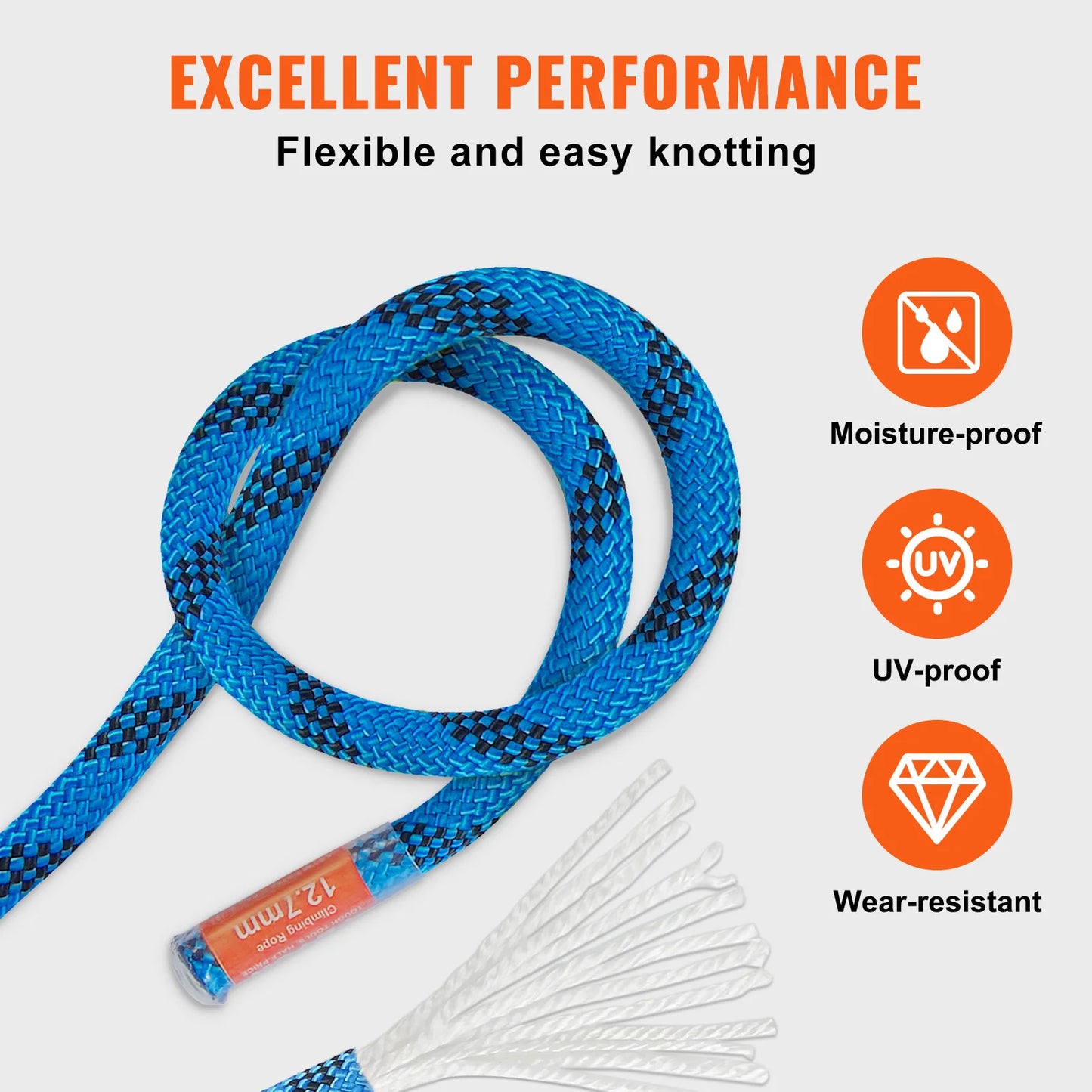 VEVOR 12.7mm Static Climbing Rope 125ft 150ft 200ft Outdoor Rock Climbing Rope 30KN Breaking Strength with Steel Snap Hooks