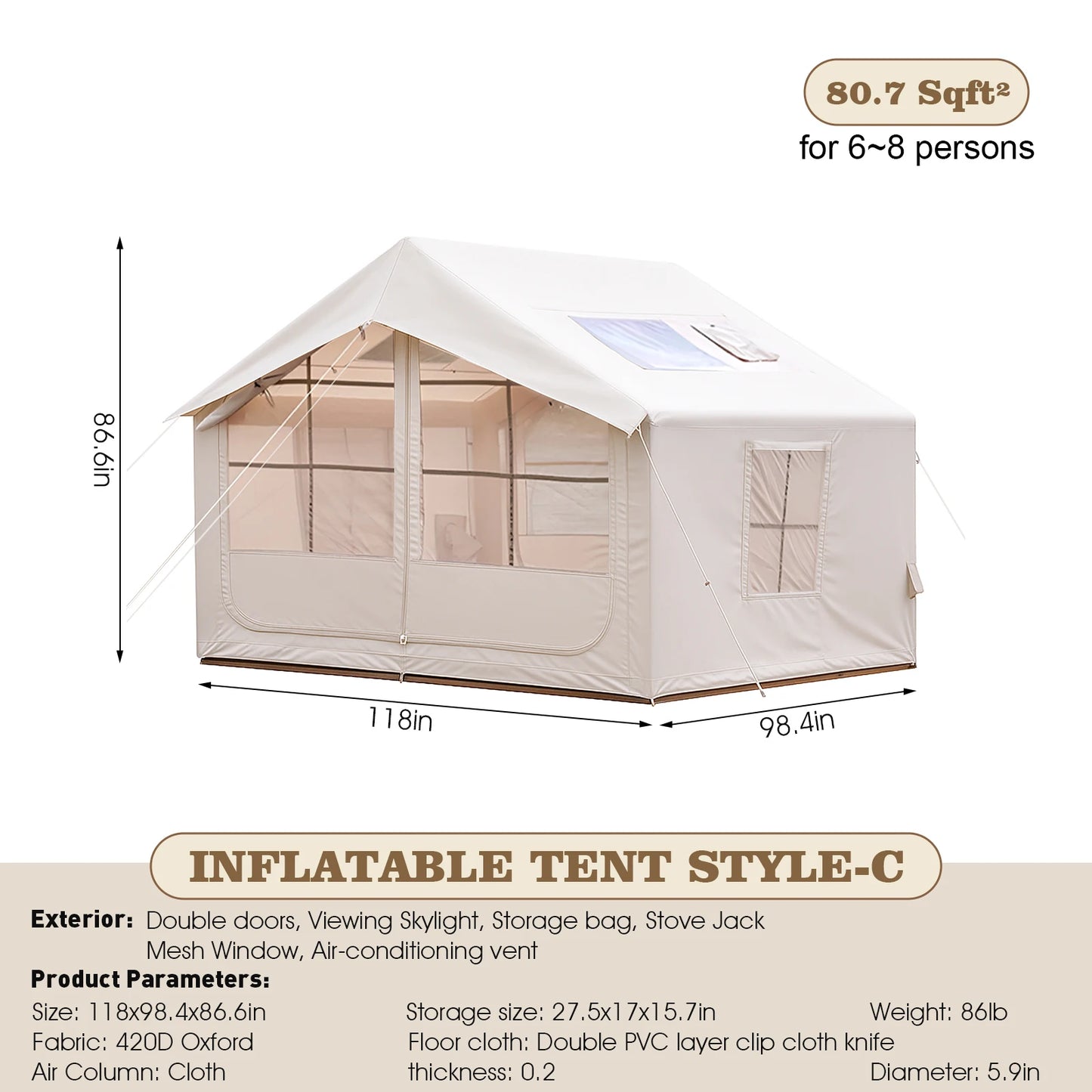 80.7 Square Feet Inflatable Tent with Air Conditioning Vent Four Season Glamping Blow Up Tent for Camping Waterproof Oxford Fabric