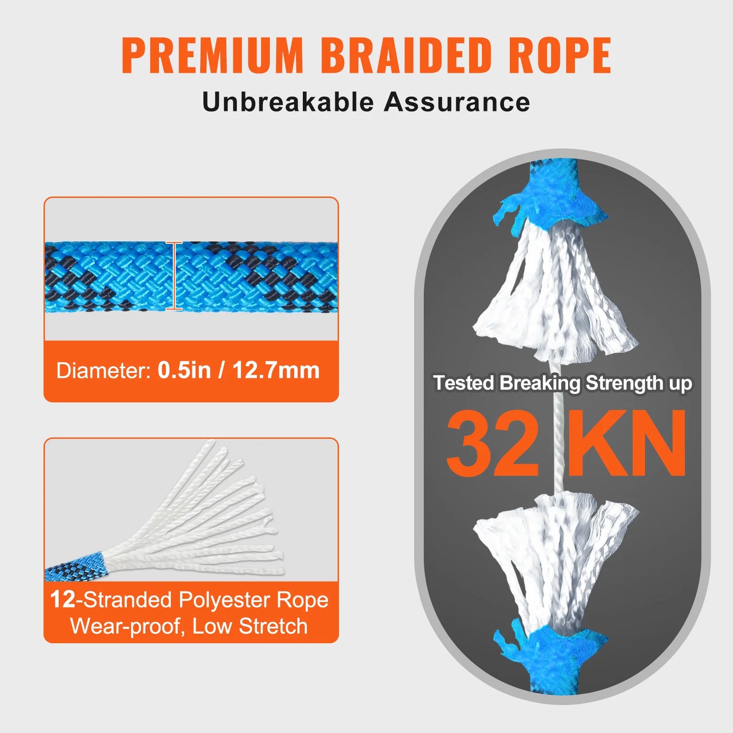 VEVOR 12.7mm Static Climbing Rope 125ft 150ft 200ft Outdoor Rock Climbing Rope 30KN Breaking Strength with Steel Snap Hooks