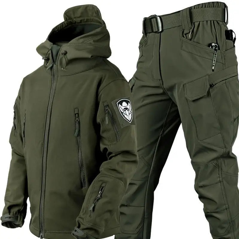 Oulylan 4PCS Tactical Suit Set Men Outdoor Waterproof Suit Multi-Pocket Soft Shell Hooded Jackets Sharkskin Work Pants