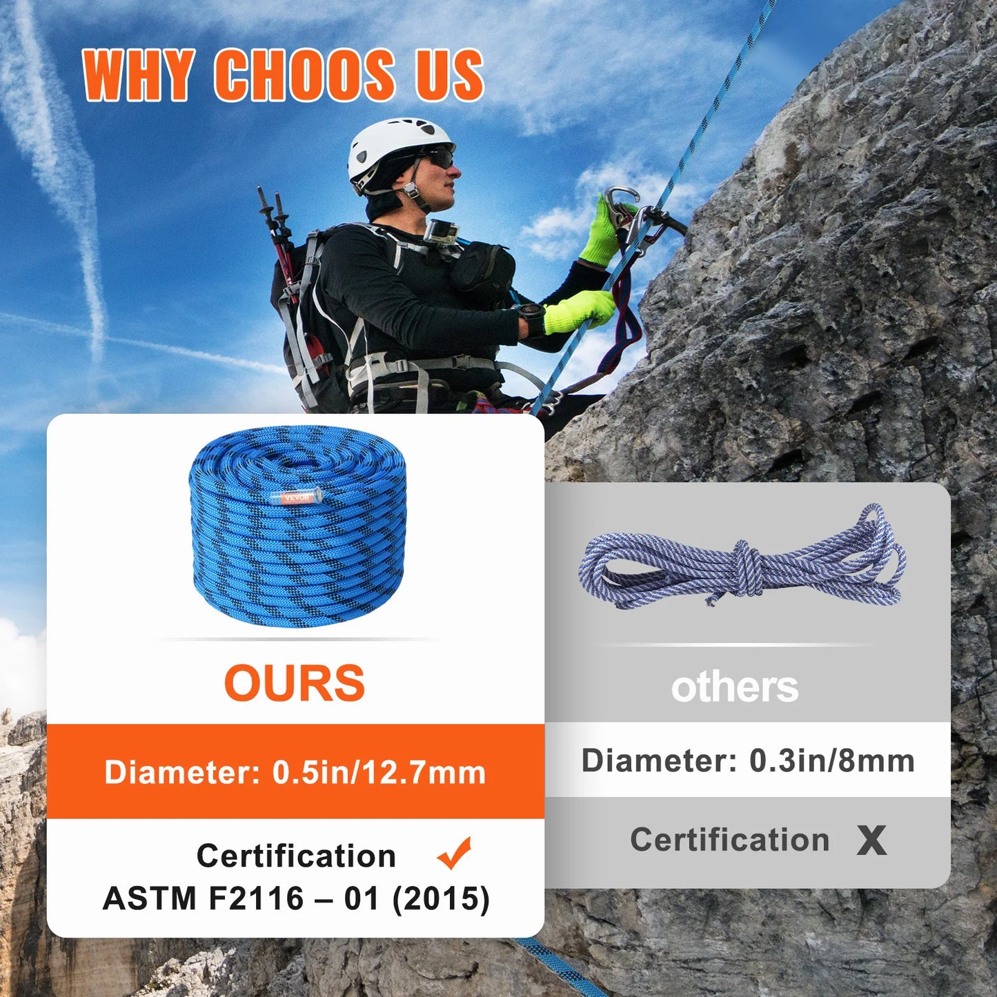 VEVOR 12.7mm Static Climbing Rope 125ft 150ft 200ft Outdoor Rock Climbing Rope 30KN Breaking Strength with Steel Snap Hooks
