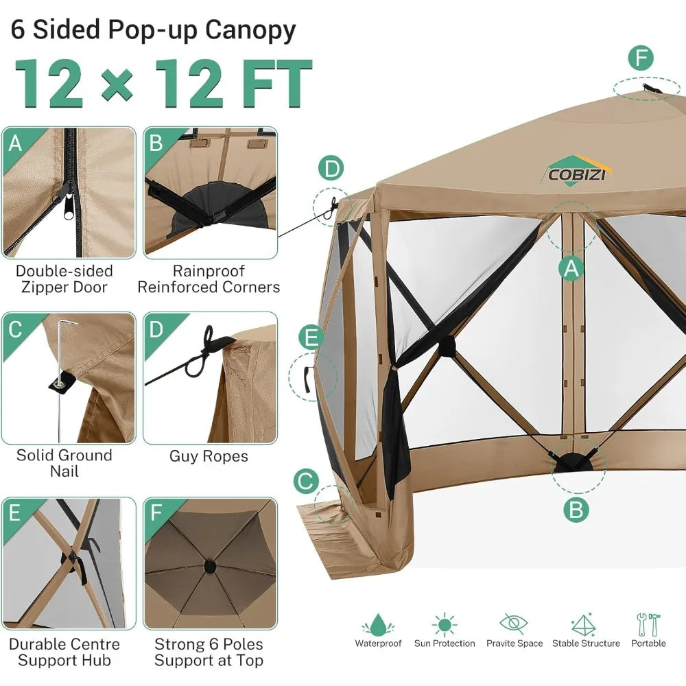 12x12ft Pop up Gazebo Screen Tent Screen House for Camping, Camping Outdoor Screened Gazebo with Sidewalls, Portable Hub Tent w