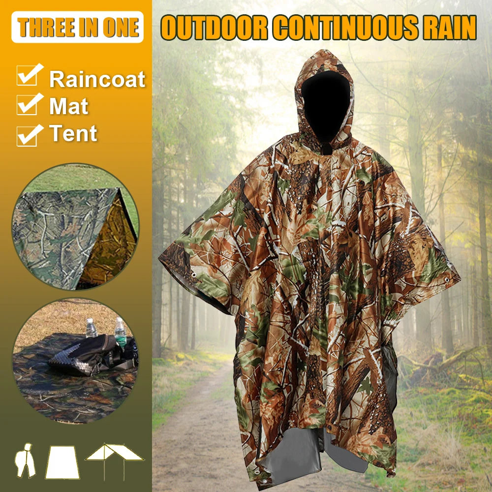 Raincoat 3 in 1 Multifunctional Waterproof Rain Poncho Jacket Hiking Rain Cover Outdoor Awning Tent Mat Camping Clothes Rainwear