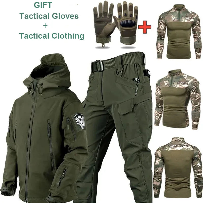 Oulylan 4PCS Tactical Suit Set Men Outdoor Waterproof Suit Multi-Pocket Soft Shell Hooded Jackets Sharkskin Work Pants