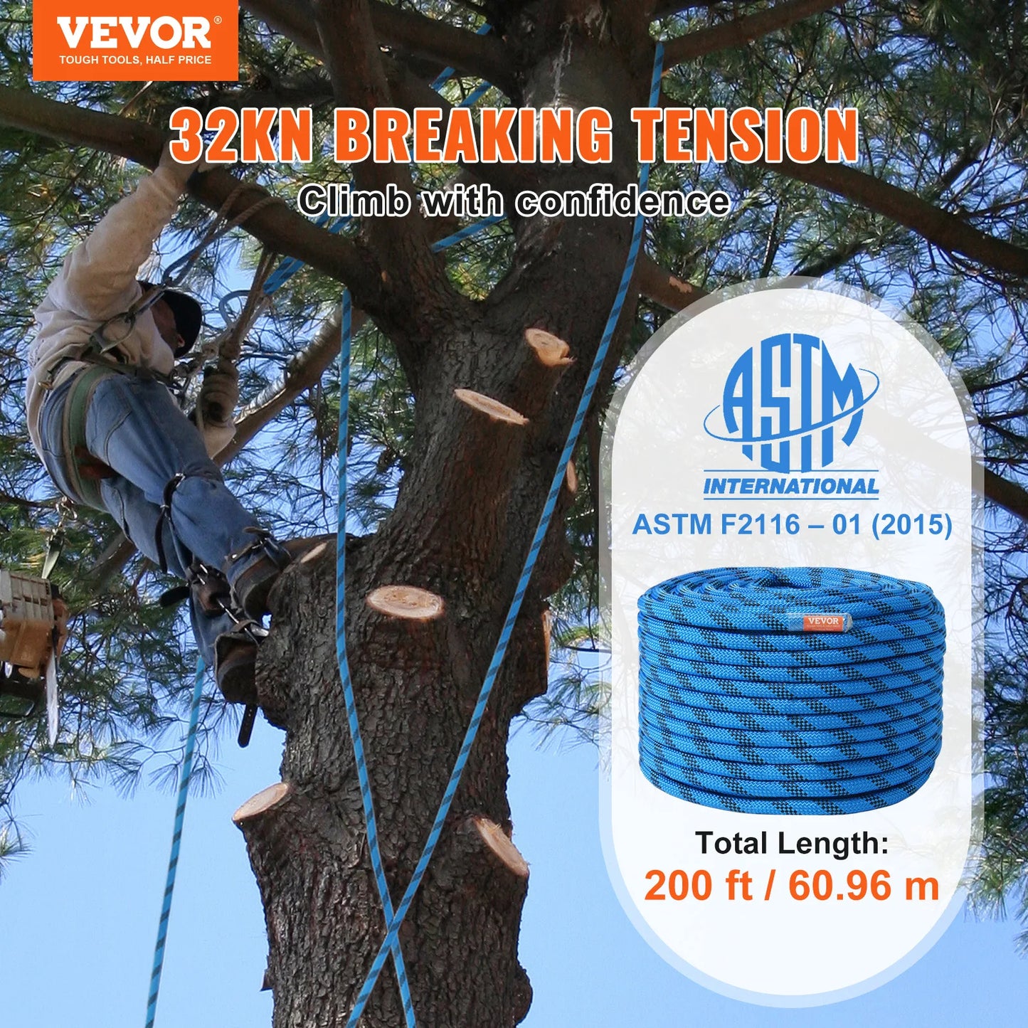 VEVOR 12.7mm Static Climbing Rope 125ft 150ft 200ft Outdoor Rock Climbing Rope 30KN Breaking Strength with Steel Snap Hooks