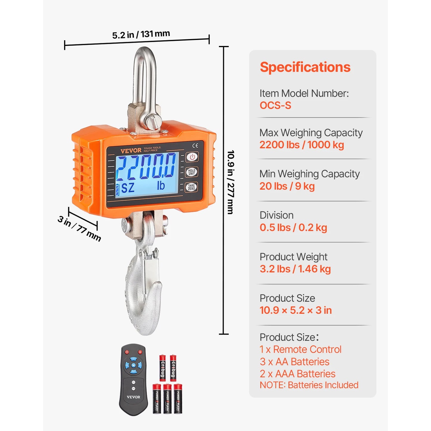 VEVOR 2200 Pounds Digital Hanging Scale Portable with Remote Control Factory Crane Scale LCD Backlight Industrial Hook Scales