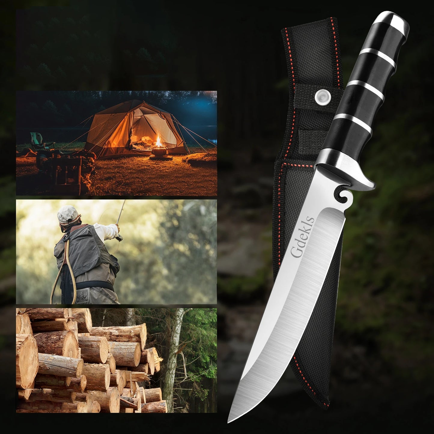 High Hardness 7Cr15 Stainless Steel Outdoor Camping Knife with Faux Leather Sheath, Multi-Purpose Blade for Hunting and Survival