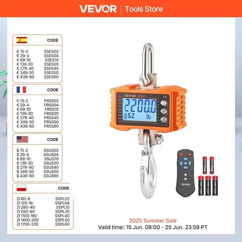 VEVOR 2200 Pounds Digital Hanging Scale Portable with Remote Control Factory Crane Scale LCD Backlight Industrial Hook Scales