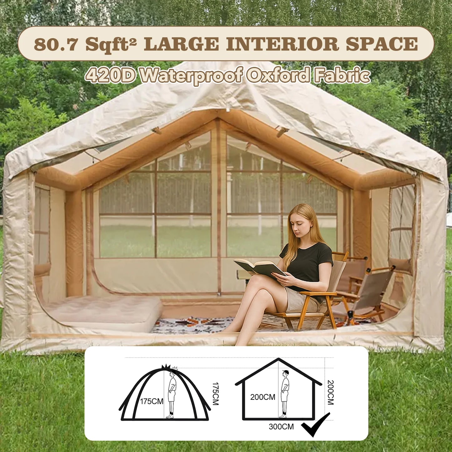 80.7 Square Feet Inflatable Tent with Air Conditioning Vent Four Season Glamping Blow Up Tent for Camping Waterproof Oxford Fabric