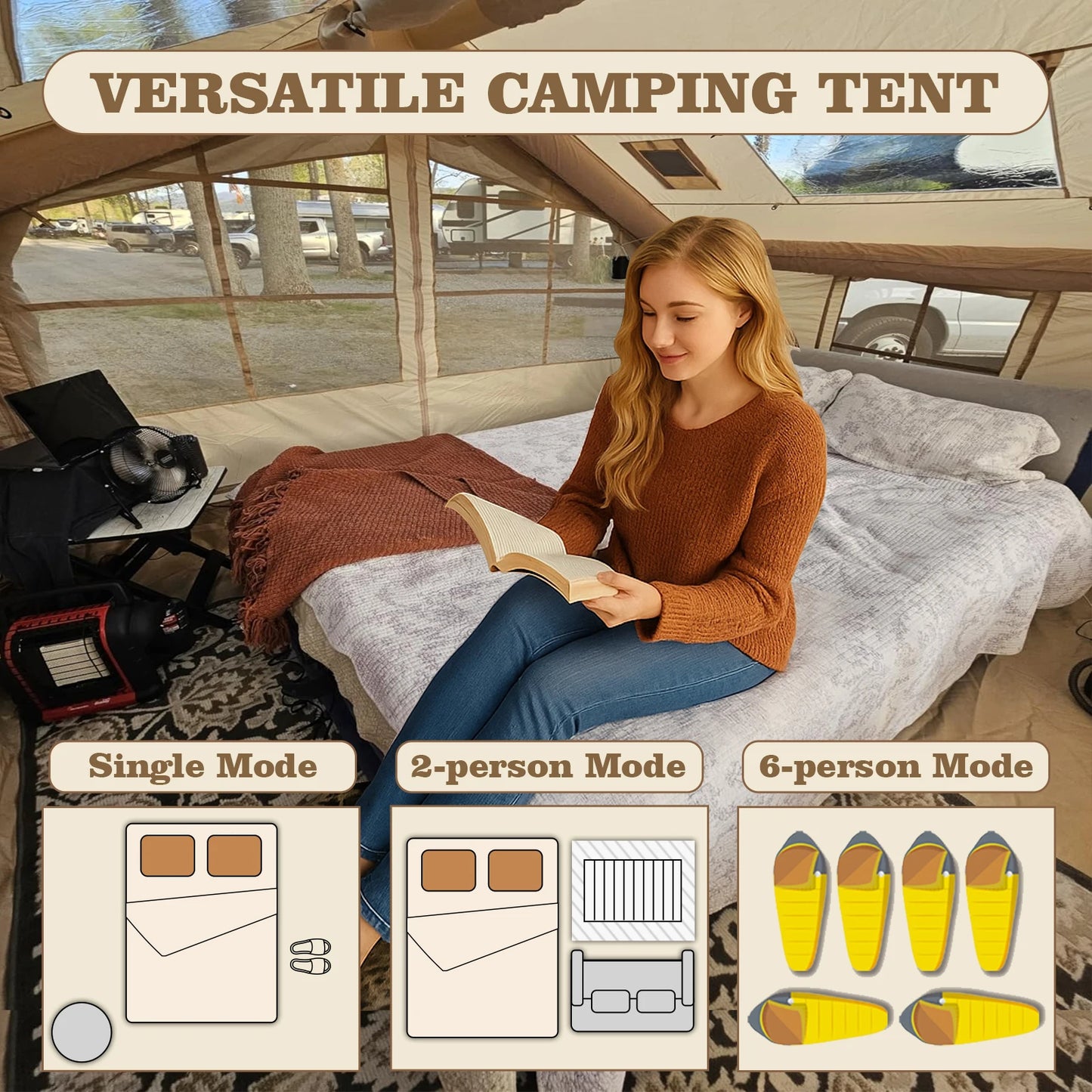 80.7 Square Feet Inflatable Tent with Air Conditioning Vent Four Season Glamping Blow Up Tent for Camping Waterproof Oxford Fabric
