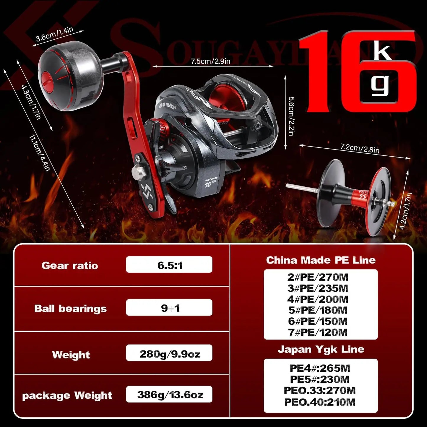 400 Size with 35lbs Max Drag 6.3:1 Gear Ratio Low Profile Casting Reel for Musky