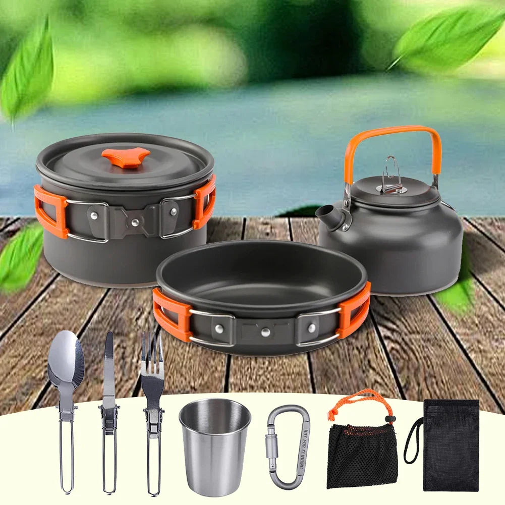 Camping Cookware Kit Kettle Pot Pan Cookset Portable Foldable Lightweight Utensils Aluminum Picnic Tableware BBQ Hiking Travel