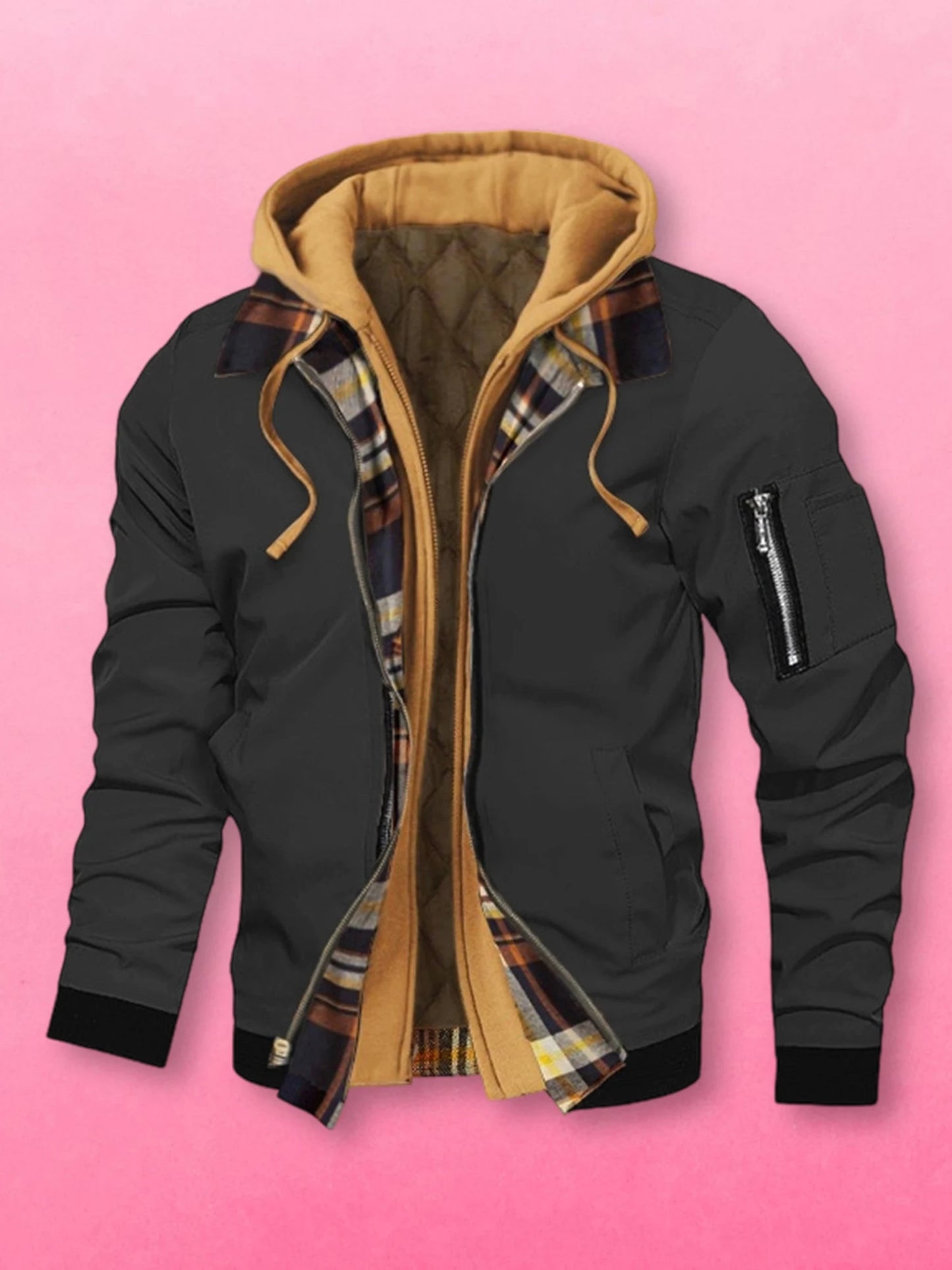 Men s Winter Hooded Jacket Casual Fake Two Piece Design Zip Up Long Sleeve Warm Coats with Faux Fur Lining and Pockets