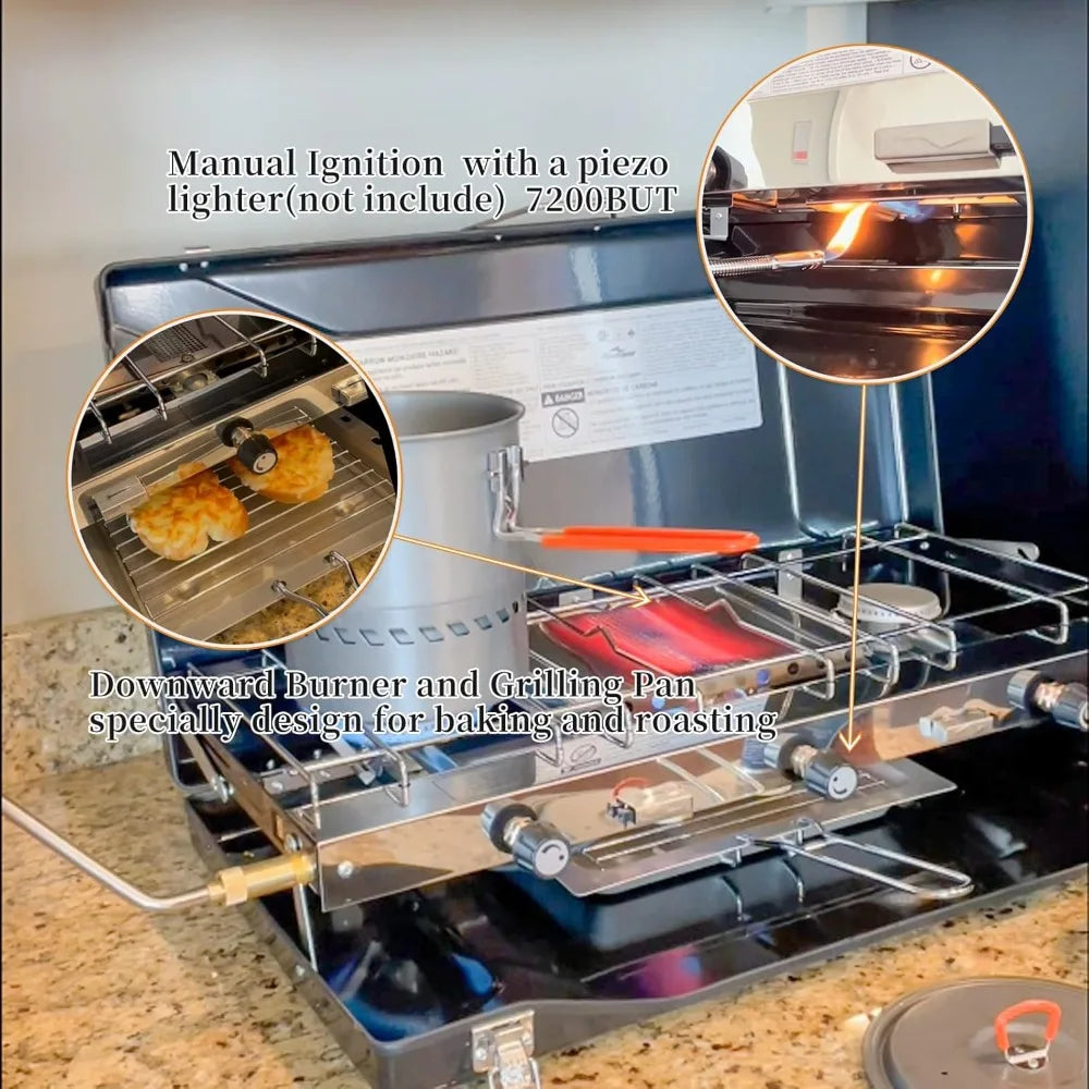 3 Burner 20400 BTU Propane Portable Stove with Regulator Baking Pan for Car Camping and Outdoor Cooking