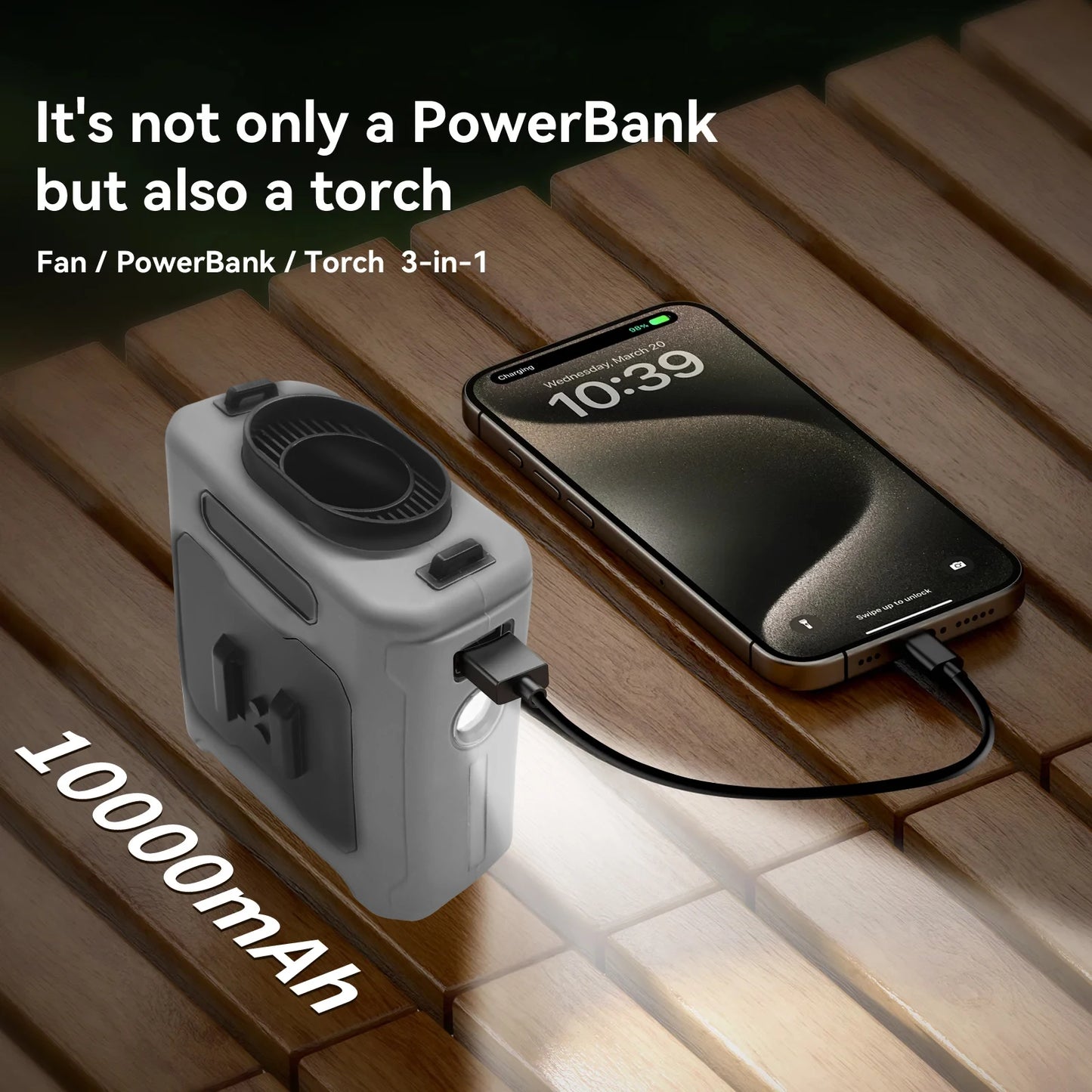 10000mAh Portable Waist Fan - Power Bank & LED Light - Hands-Free for Outdoor Work/Travel