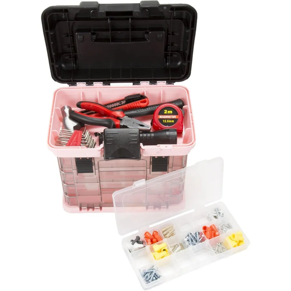 Portable Tool Box with Drawers and Customizable Compartments for Hardware, Fishing Tackle, Beads, Crafts in Pink
