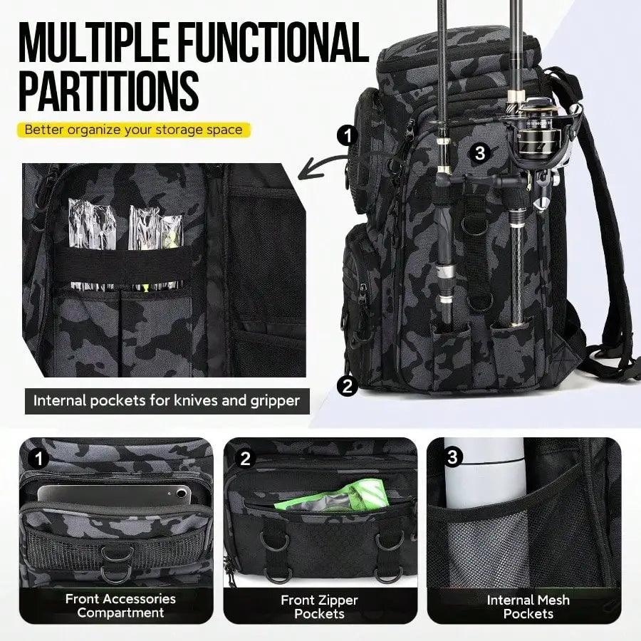 Fishing Tackle Backpack With Rod Holders 42L Outdoor