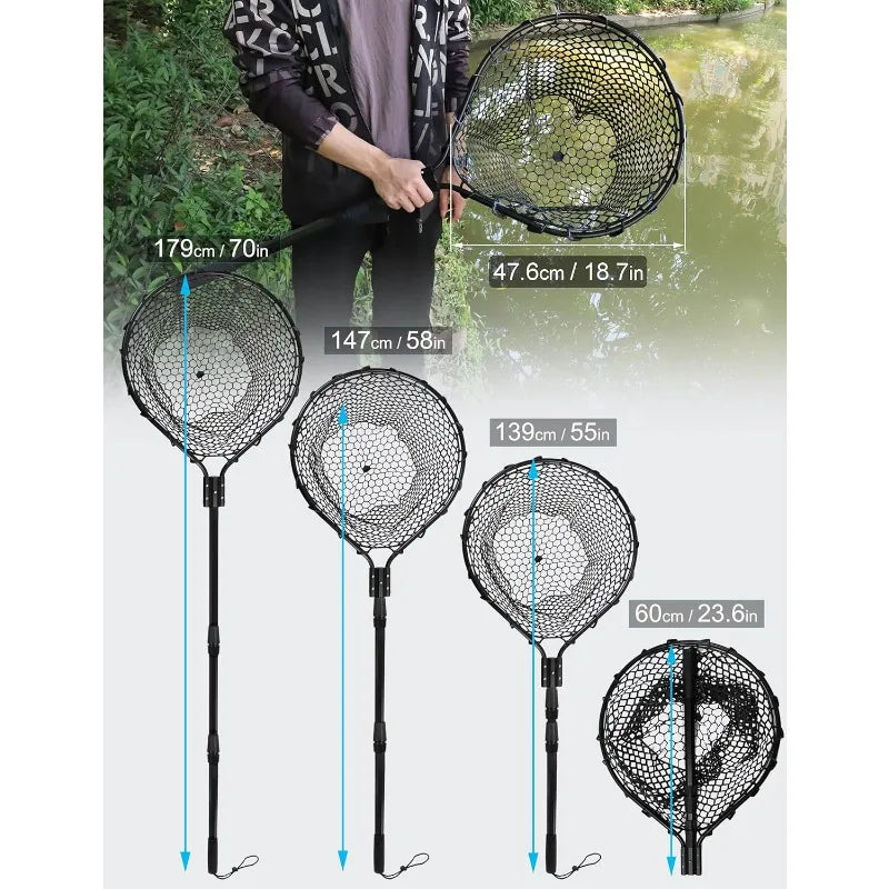 Large Rubber Landing Net for Saltwater Heavy Duty Fishing Net Kayak Folding Retractable with Long Handle