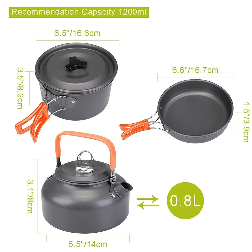 Camping Cookware Kit Kettle Pot Pan Cookset Portable Foldable Lightweight Utensils Aluminum Picnic Tableware BBQ Hiking Travel