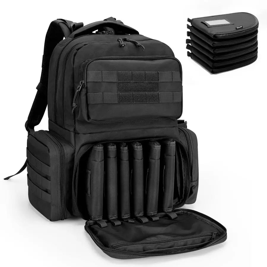Tactical Pistol Backpack with 6 Pistol Cases, Gun Range Backpack with 10x Magazine Slots for Shooting and Hunting