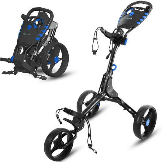 SereneLife 3 Wheel Golf Push Cart Lightweight Folding Golf Walking Cart with Upper Lower Bracket
