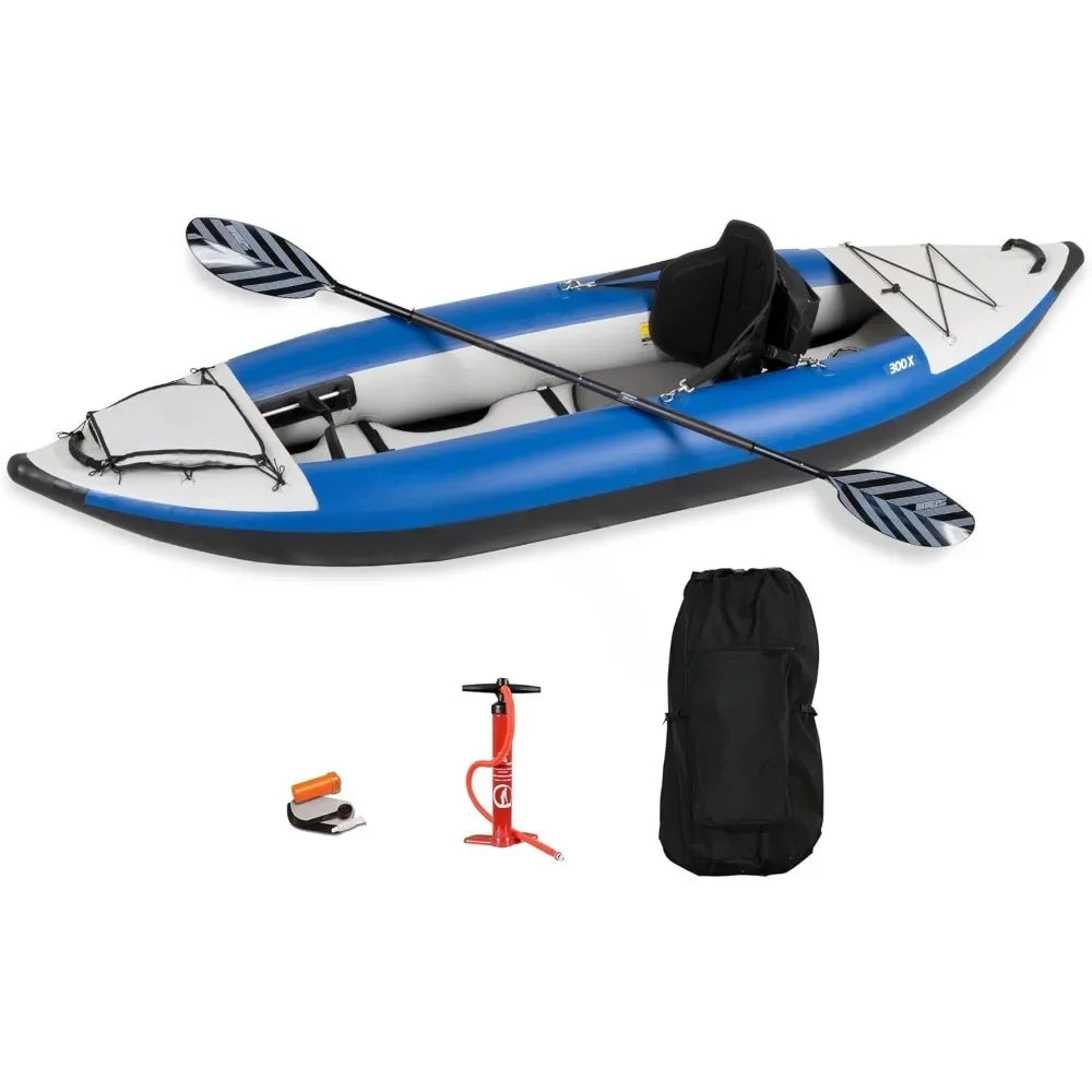 300X Explorer Touring Camping Fishing Whitewater Inflatable Kayak Solo Self Bailing Drop Stitch Floor Paddle Seat Pump