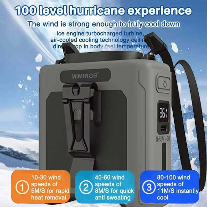 10000mAh Portable Waist Fan - Power Bank & LED Light - Hands-Free for Outdoor Work/Travel