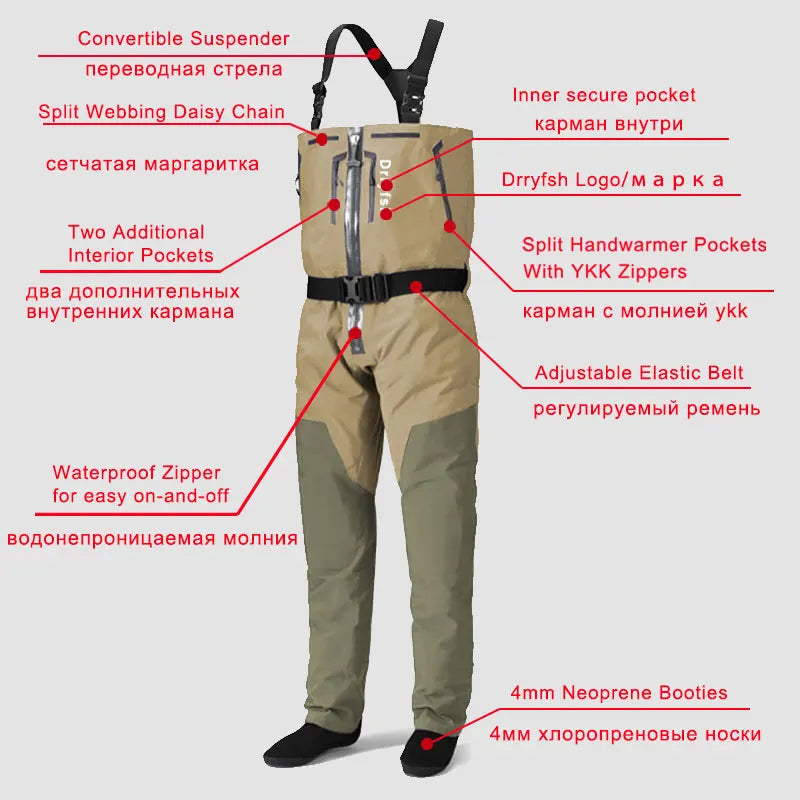 Breathable Convertible Chest Waist Fly Fishing Waders with Zipper Drake Anglers Wading Pants Lightweight stockingfoot for Men