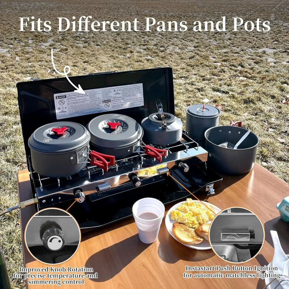 3 Burner 20400 BTU Propane Portable Stove with Regulator Baking Pan for Car Camping and Outdoor Cooking