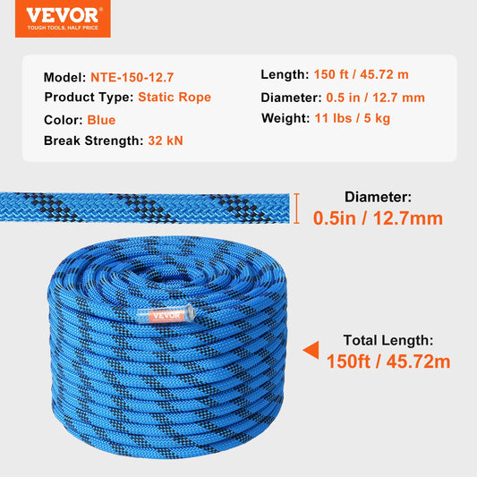 VEVOR 12.7mm Static Climbing Rope 125ft 150ft 200ft Outdoor Rock Climbing Rope 30KN Breaking Strength with Steel Snap Hooks