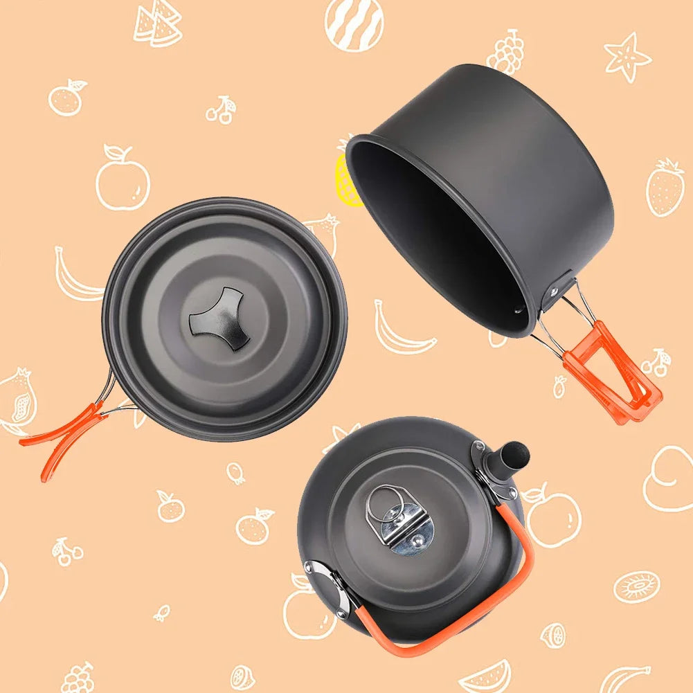 Camping Cookware Kit Kettle Pot Pan Cookset Portable Foldable Lightweight Utensils Aluminum Picnic Tableware BBQ Hiking Travel
