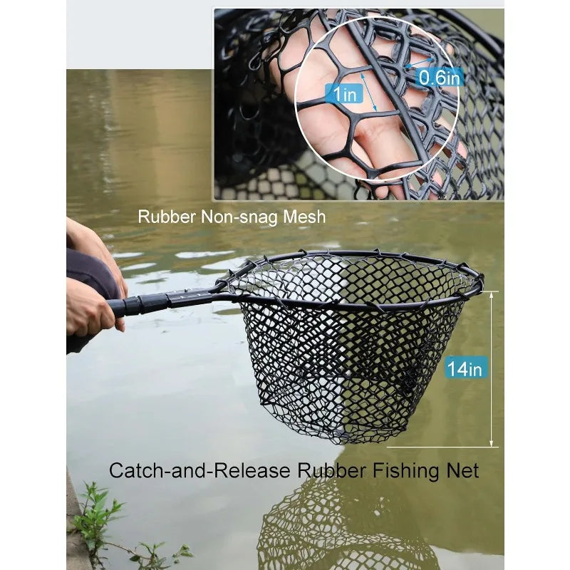 Large Rubber Landing Net for Saltwater Heavy Duty Fishing Net Kayak Folding Retractable with Long Handle
