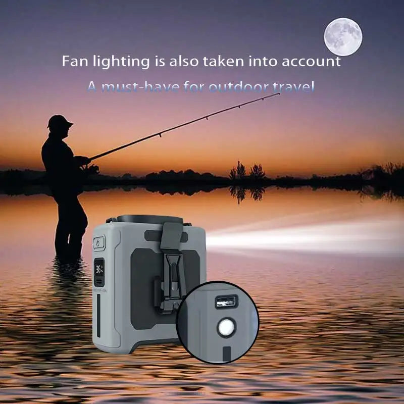 10000mAh Portable Waist Fan - Power Bank & LED Light - Hands-Free for Outdoor Work/Travel