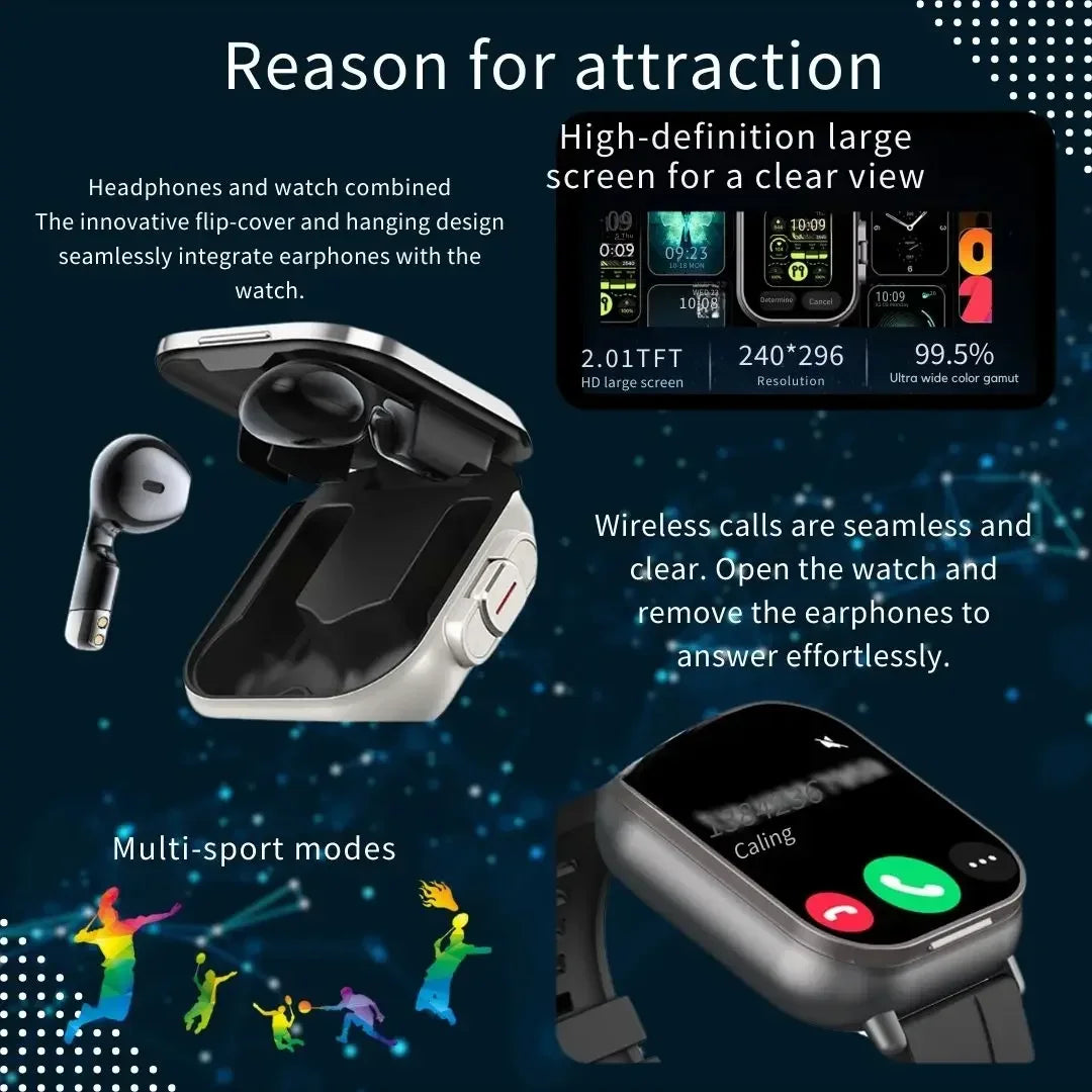 2025 D8 Smartwatch NFC Heart Rate Monitor Earbuds Music Control Pedometer For iPhone Android