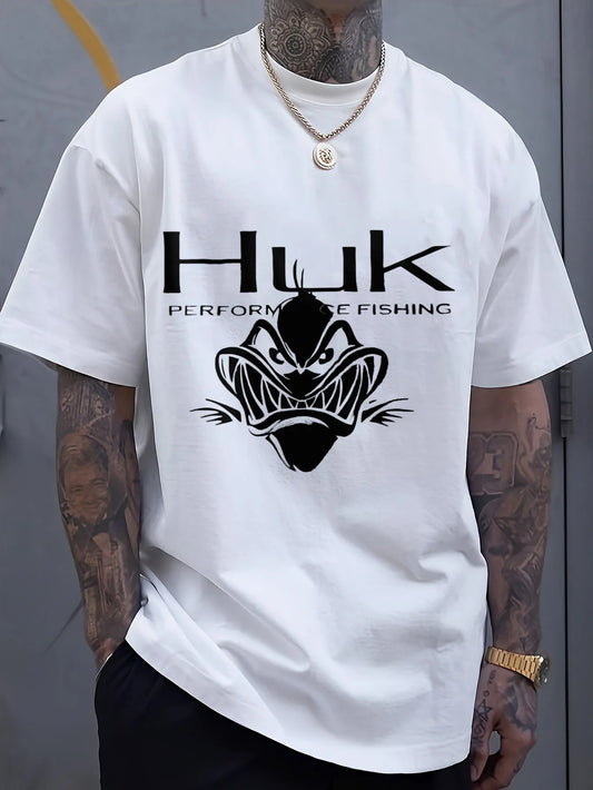 Large Huk Performance Fishing Graphic T-Shirt - Black Casual Crew Neck, Breathable Cotton Tee with Angry Fish Design for Outdoor