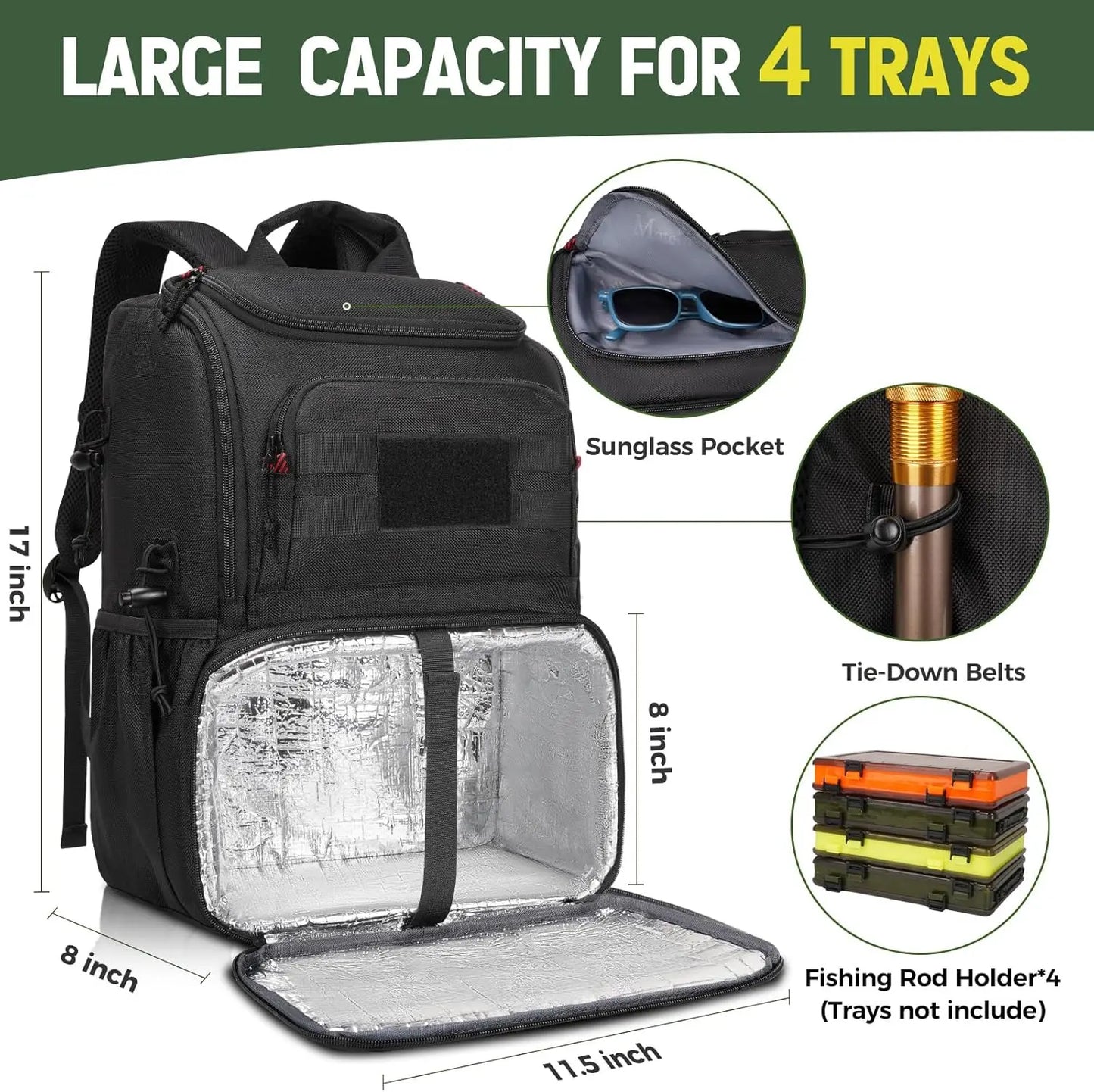 Fishing Backpack Tackle Box, Water Resistant with Cooler & Rod Holders, Large Storage Organizer for Men, Black
