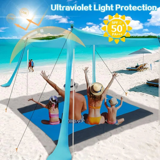 Beach Canopy Tent 11X11 FT with Beach Blanket UPF50+ Sun Protection Windproof Ropes for 4-6 People