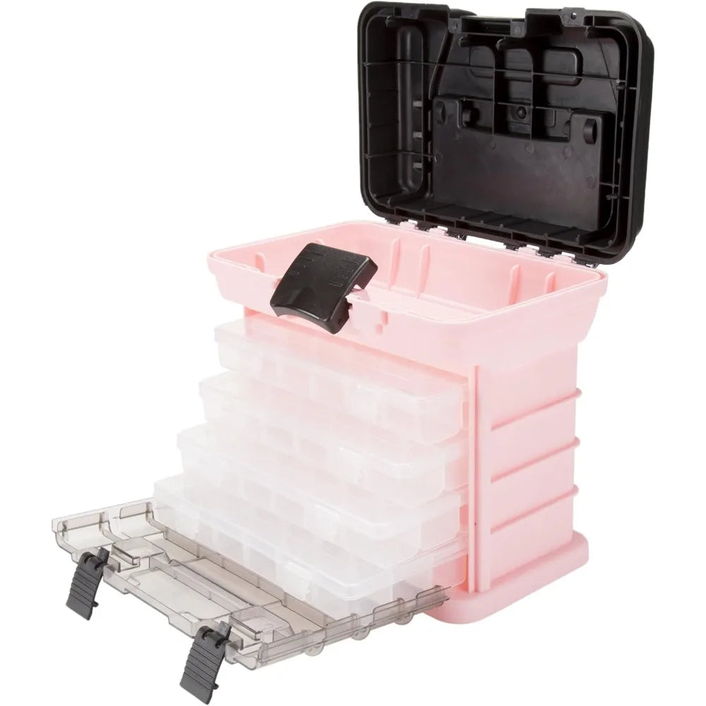 Portable Tool Box with Drawers and Customizable Compartments for Hardware, Fishing Tackle, Beads, Crafts in Pink