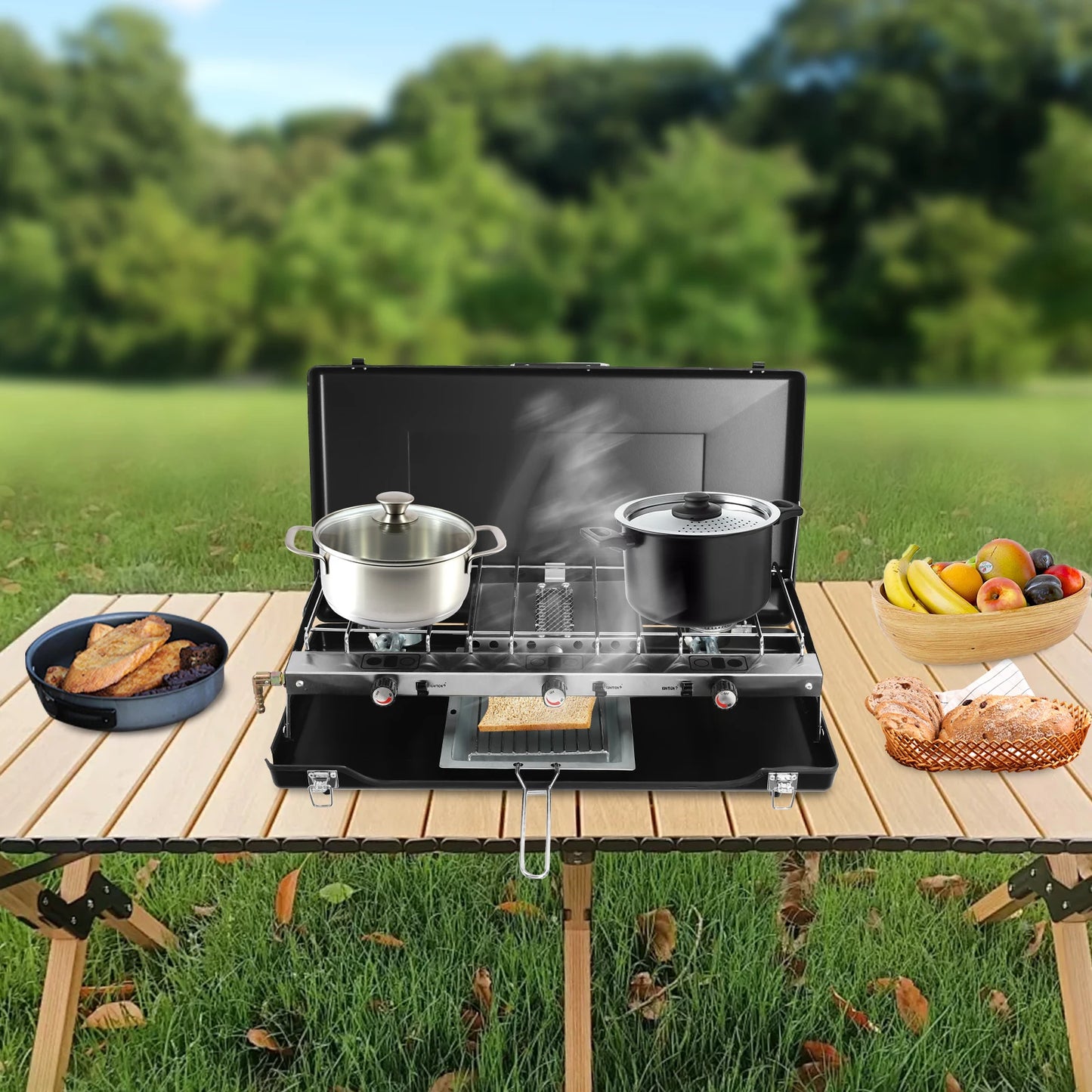 [Outdoor Campfire Grill] 3-Burner Durable Cold-Rolled Steel Grill - Windproof Lid for Camping & Outdoor Cooking