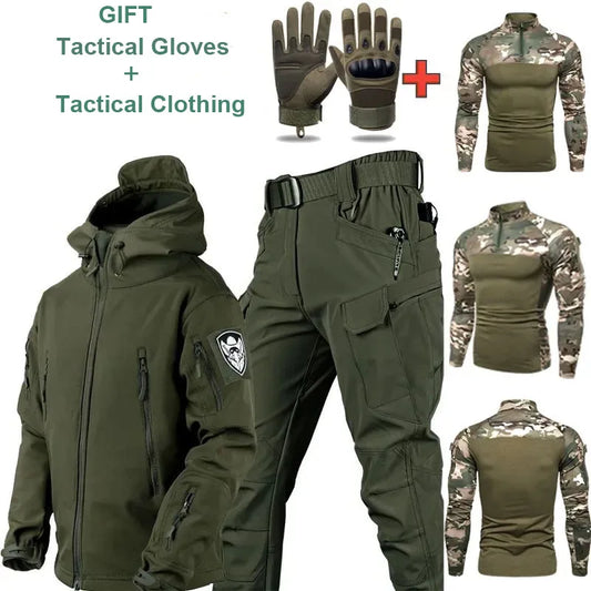 Oulylan 4PCS Tactical Suit Set Men Outdoor Waterproof Suit Multi-Pocket Soft Shell Hooded Jackets Sharkskin Work Pants