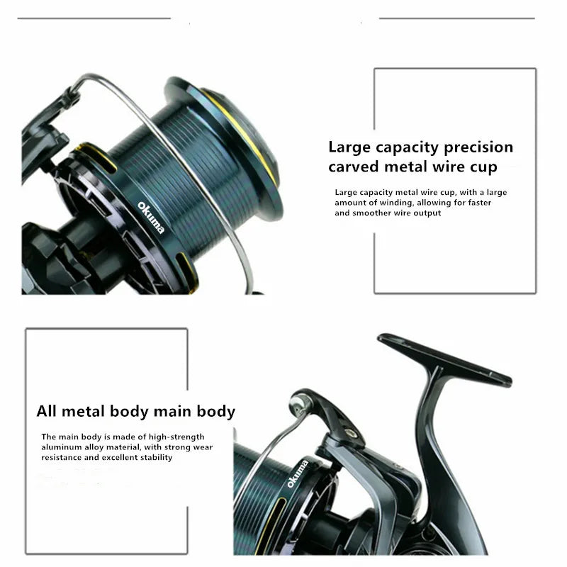 OKUMA fishing reel 9000-14000 metal long-distance casting wheel guide rod structure fishing wheel 4.7:130KG brake fishing