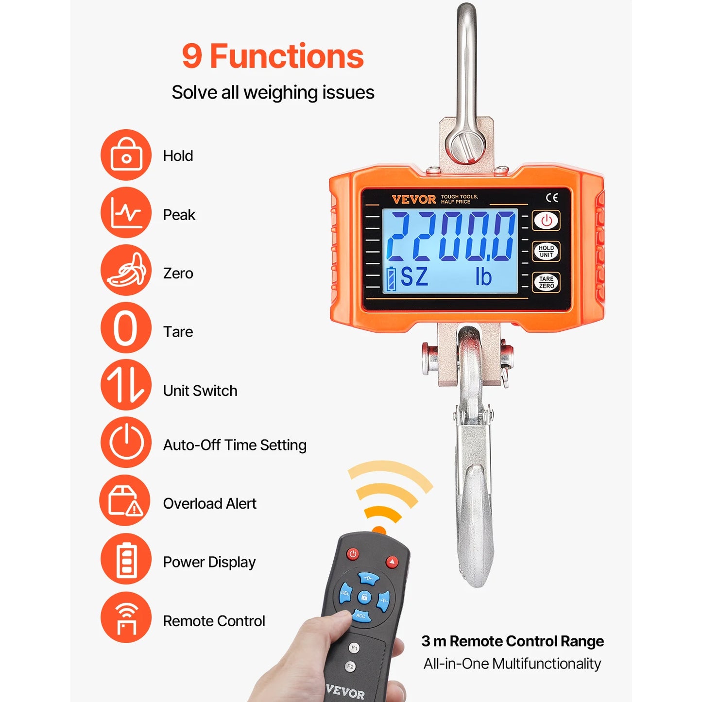 VEVOR 2200 Pounds Digital Hanging Scale Portable with Remote Control Factory Crane Scale LCD Backlight Industrial Hook Scales