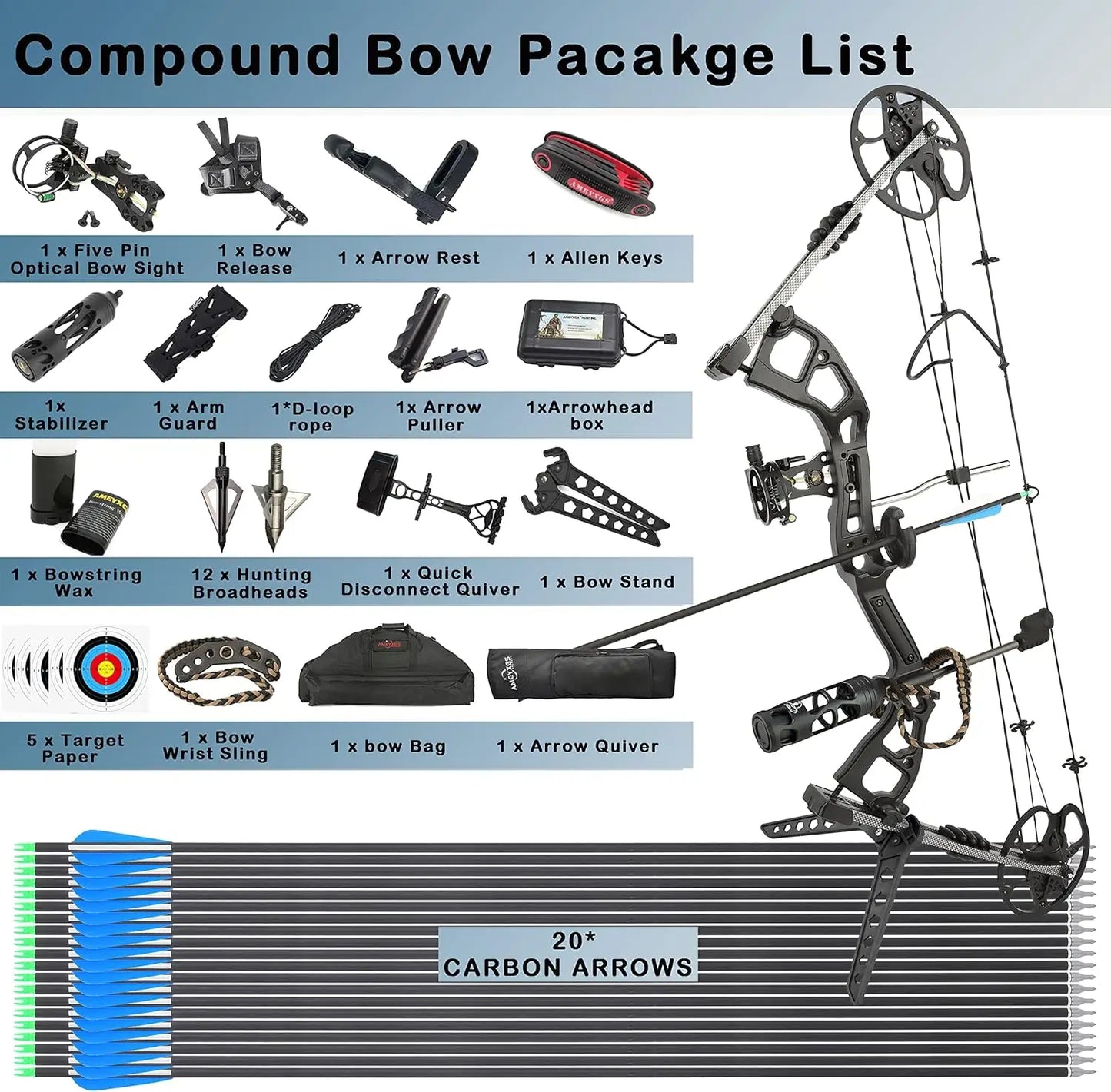 Compound Bow Kit, Hunting & Targeting, Limb Made in USA, Draw Weight 0-70 lbs Adjustable, Draw Length 9\\u201d-31\\",up to IBO 3