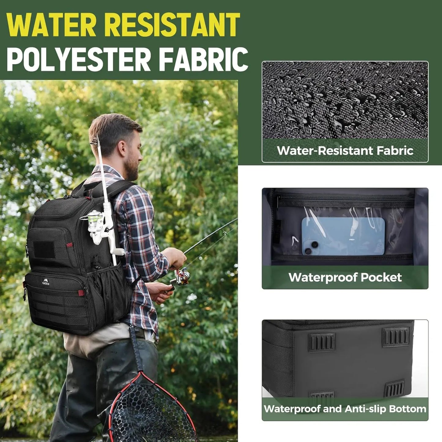 Fishing Backpack Tackle Box, Water Resistant with Cooler & Rod Holders, Large Storage Organizer for Men, Black