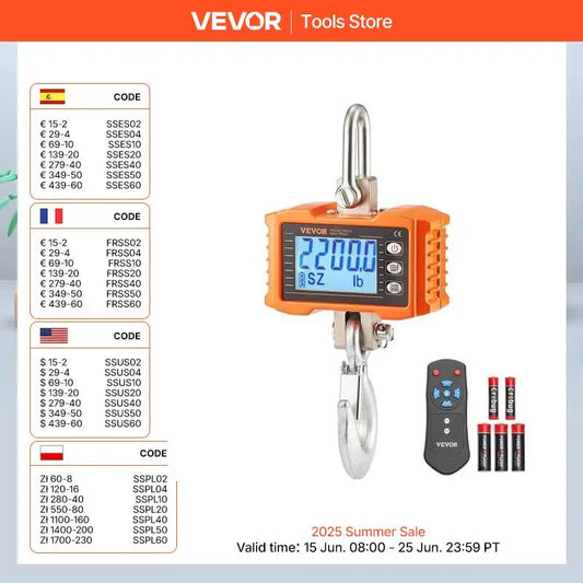 VEVOR 2200 Pounds Digital Hanging Scale Portable with Remote Control Factory Crane Scale LCD Backlight Industrial Hook Scales