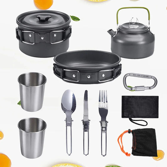 Camping Cookware Kit Kettle Pot Pan Cookset Portable Foldable Lightweight Utensils Aluminum Picnic Tableware BBQ Hiking Travel