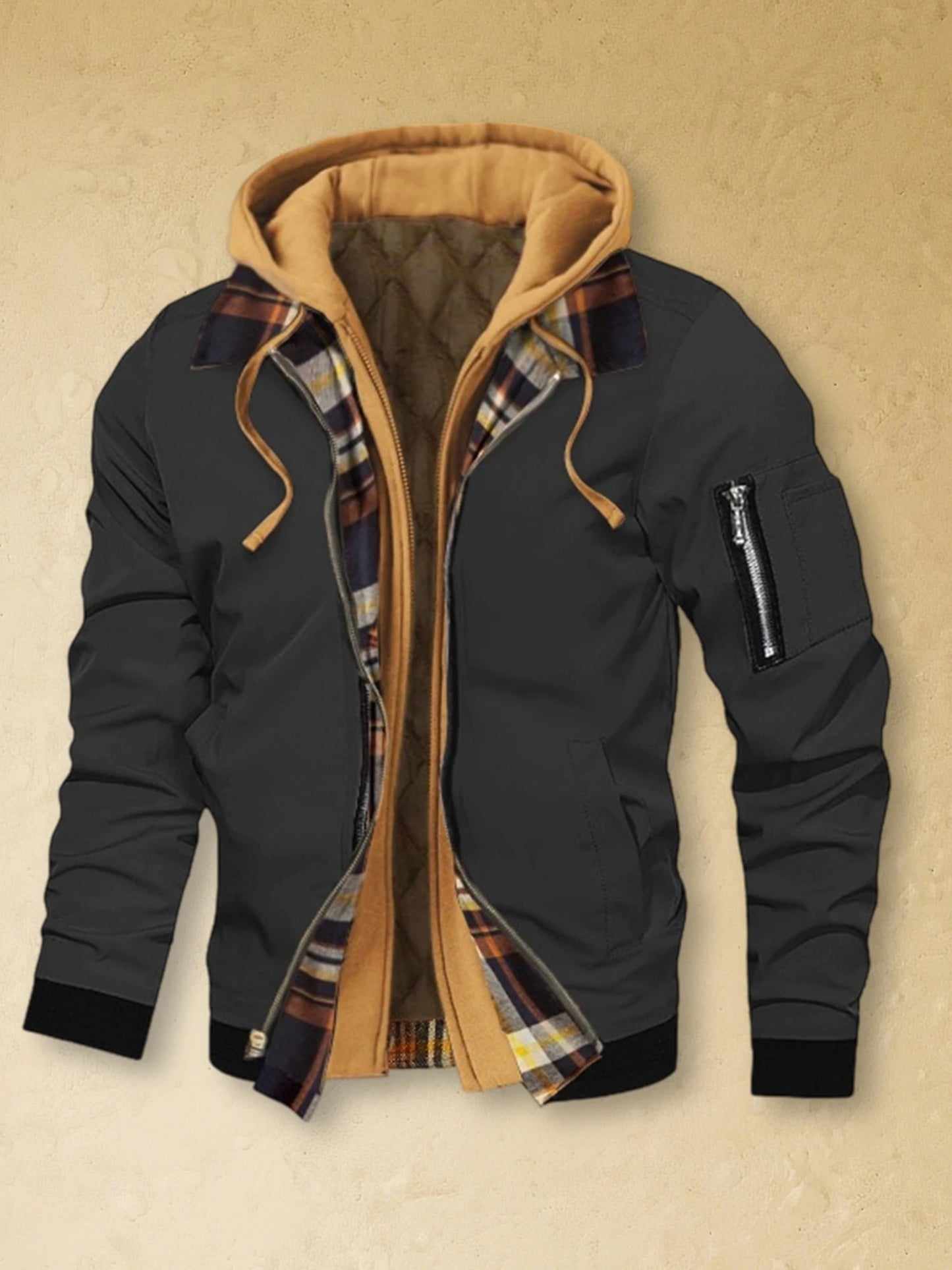 Men s Winter Hooded Jacket Casual Fake Two Piece Design Zip Up Long Sleeve Warm Coats with Faux Fur Lining and Pockets